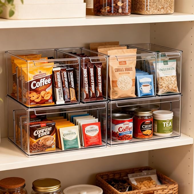 Clear Plastic Storage Bins with Dividers for Kitchen Pantry Organization, 6 Pack Large Thicken Stackable Storage Drawer Boxes for Refrigerator Cabinets Vanity Organizers and Storage, C6-4