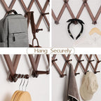 SCUNDA Accordion Wall Hanger with 20 Hooks, Expandable Wall Hat Display Rack, Wooden Wall Hook for Coat, Hats, Baseball Caps, Coffee Mug, Jewelry(Brown)