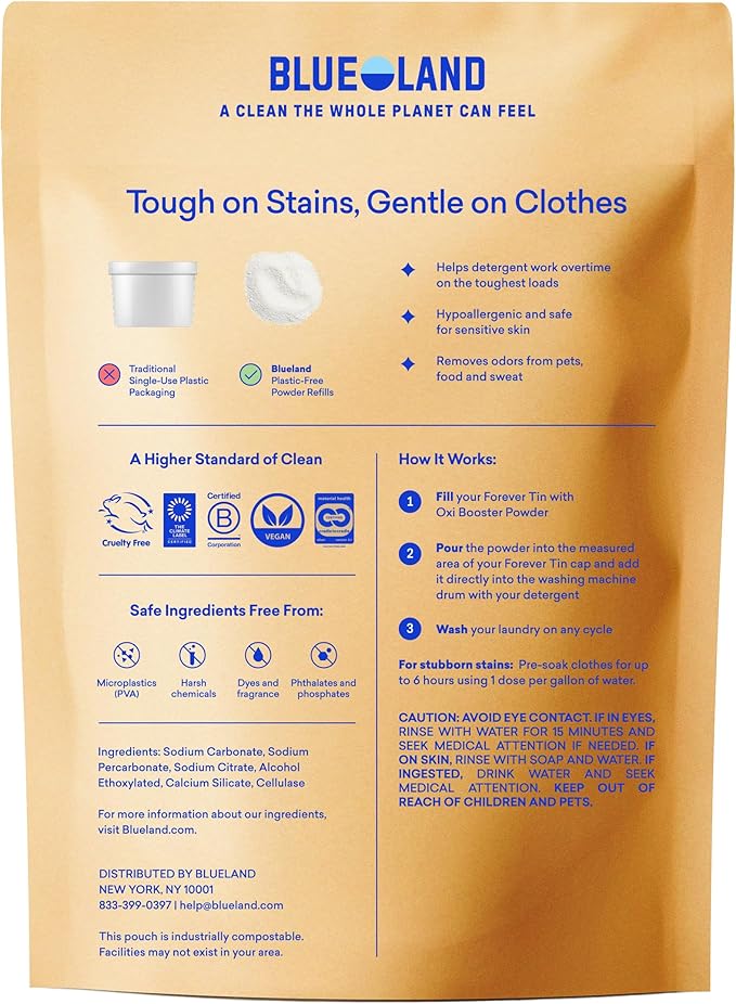 BLUELAND Oxi Laundry Booster Powder Refill 2-Pack, Clear Skies Scent, 50 Loads, 35.2 oz, Plastic-Free, Eco Friendly, Oxy Cleaner, Stain Remover