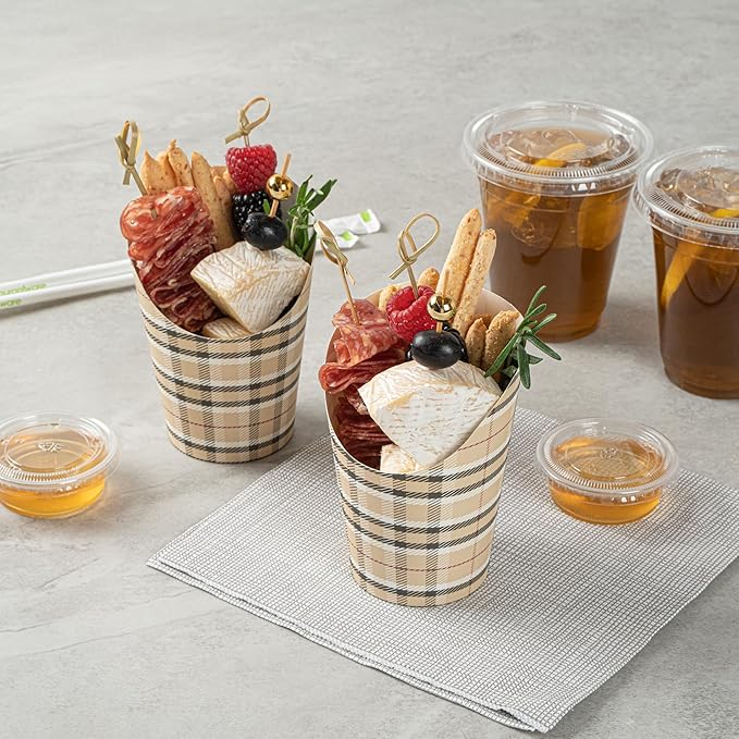 Restaurantware Bio Tek 12 Ounce French Fry Containers 100 Disposable Charcuterie Cups - Incline Design Round Plaid Paper French Fry Cups Stackable For Waffles Chips or Popcorn