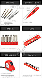 Baraz Tool Kit set With Drill (2 Battery), 126 Pcs Power Tool Set for home, 18v Cordless Drill And Tool box For Household, Homeowners, Office, Garden, House Repair And Maintenance, perfect Gift Idea