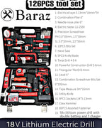 Baraz Tool Kit set With Drill (2 Battery), 126 Pcs Power Tool Set for home, 18v Cordless Drill And Tool box For Household, Homeowners, Office, Garden, House Repair And Maintenance, perfect Gift Idea