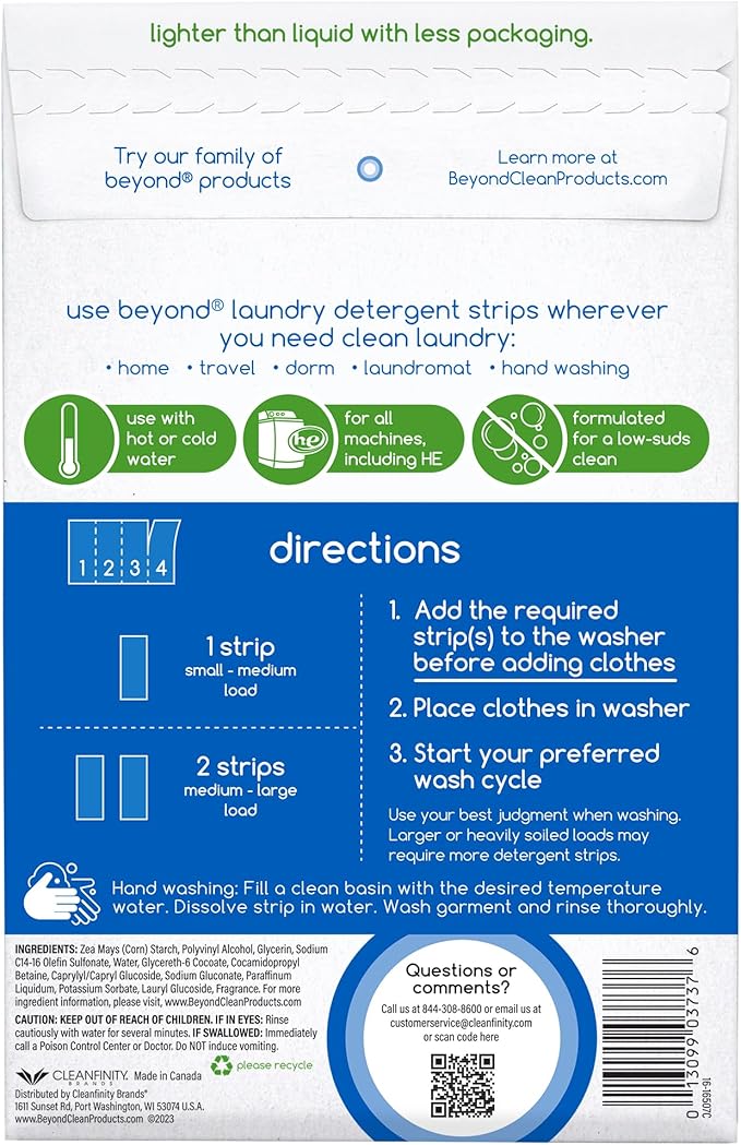 Beyond Laundry Detergent Strips [12 packs of 32 strips] - Fresh Linen - Eco-friendly, Hypoallergenic. Travel friendly. Dissolvable Strips