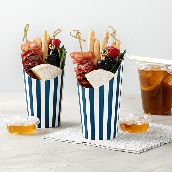 Restaurantware Bio Tek 16 Ounce French Fry Containers 100 Disposable Charcuterie Cups - Incline Design Round Striped Paper French Fry Cups Stackable For Waffles Chips or Popcorn