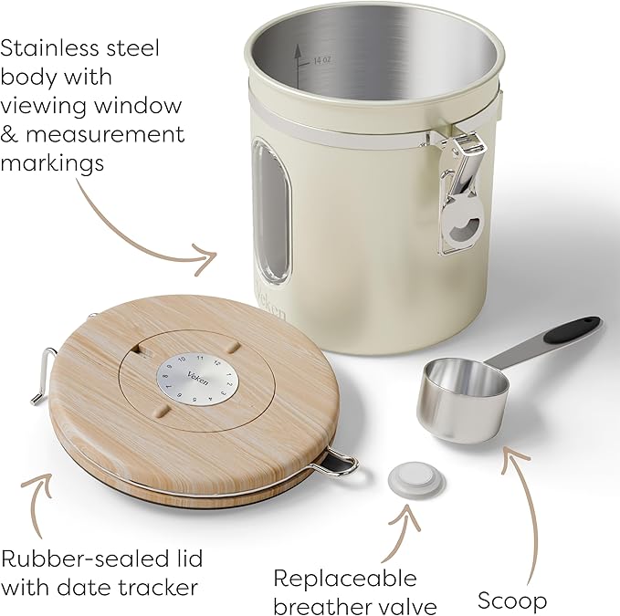 Veken Coffee Sugar Canister with Window, Airtight Stainless Steel Kitchen Food Storage Container with Lids, Date Tracker and Scoop for Grounds Coffee, Beans, Tea, Flour, Cereal Jars, 16OZ, Cream