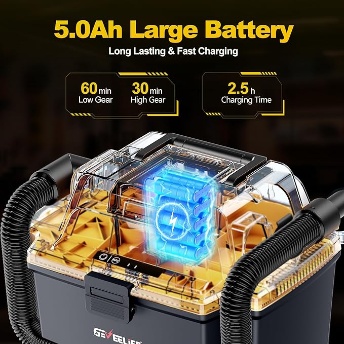 GEVEELIFE Cordless Shop Vac Wet and Dry, 4.3 Gallon Shop Vac with 5.0Ah Battery Powered, Fast Charger, HEPA Filter, Strap & Wheels, 3-in-1 Wet Dry Vacuum Cleaner for Garage, Car, Workshop