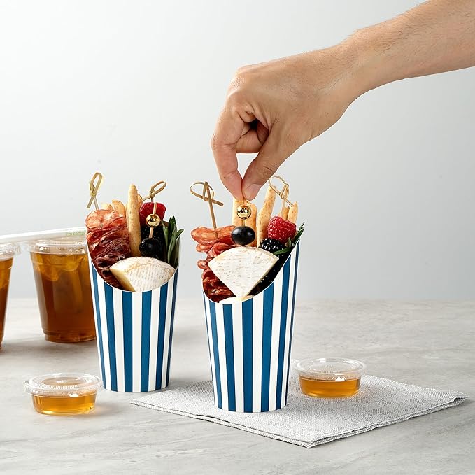 Restaurantware Bio Tek 16 Ounce French Fry Containers 100 Disposable Charcuterie Cups - Incline Design Round Striped Paper French Fry Cups Stackable For Waffles Chips or Popcorn