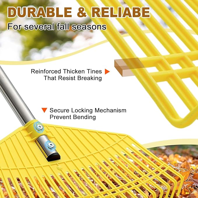 Leaf Rake - 17" Wide Nylon Plastic Head,51" Adjustable Stainless Steel Handle,Heavy Duty Gardening Leaves Rake Tools for Garden Lawns,Yard,Shrub,Grass - Lightweight for Women,Seniors & Kids