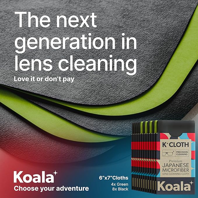 Koala Lens Cleaning Cloth | Japanese Microfiber | Glasses Cleaning Cloths | Eyeglass Lens Cleaner | Eyeglasses, Camera, VR/AR Headset, and Screen Cleaner | Black & Green (Pack of 12)