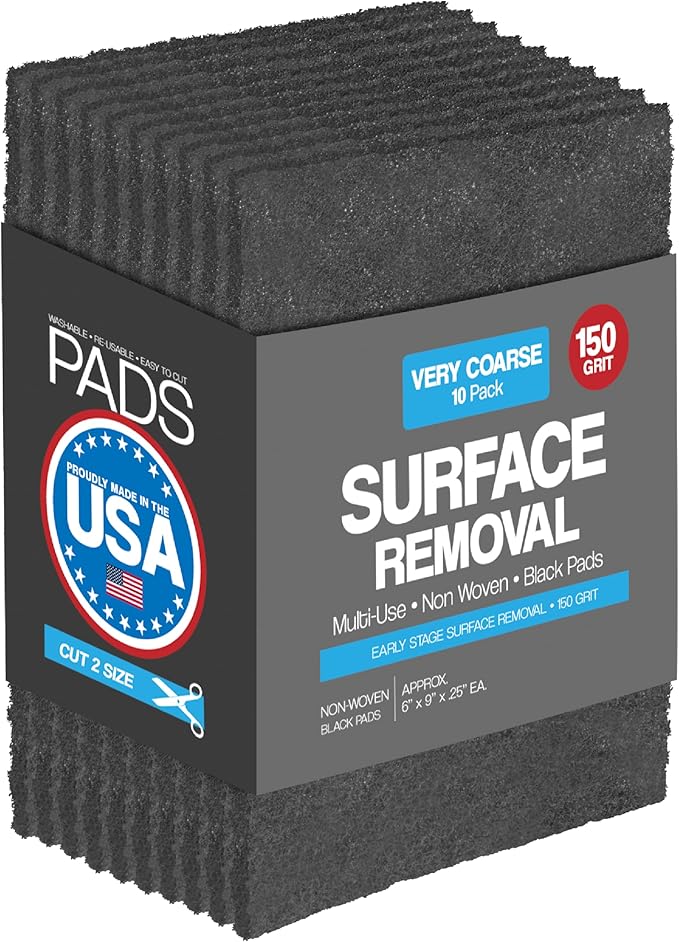 6" x 9" Non-Woven Surface Prep Scuff Pads for Wood, Metal, Surface Removal, Paint Stripping, Rust Removal, Deburring, Very Coarse Abrasive Pad for Woodworking - 150 Grit - 10 Pack (Black)