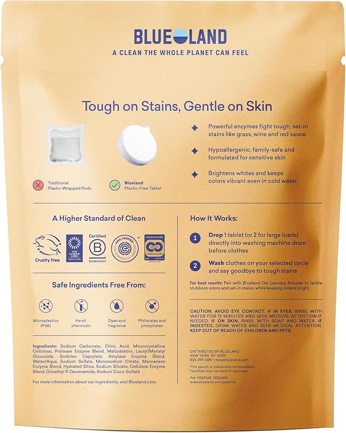 BLUELAND Laundry Detergent Tablets, 60 Count, Spring Bloom Scent, Plastic-Free Eco-Friendly Pods, Sheets, Liquid Alternative - Safe for Sensitive Skin, Gentle