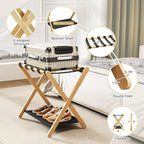 oakvivo Fully Assembled Luggage Rack, 26.77" Natural Luggage Rack for Guest Room, Bamboo Folding Suitcase Stand with Fabric Storage Shelf, Heavy Duty 5 Nylon Straps Luggage Holder for Hotel, 1 Pack