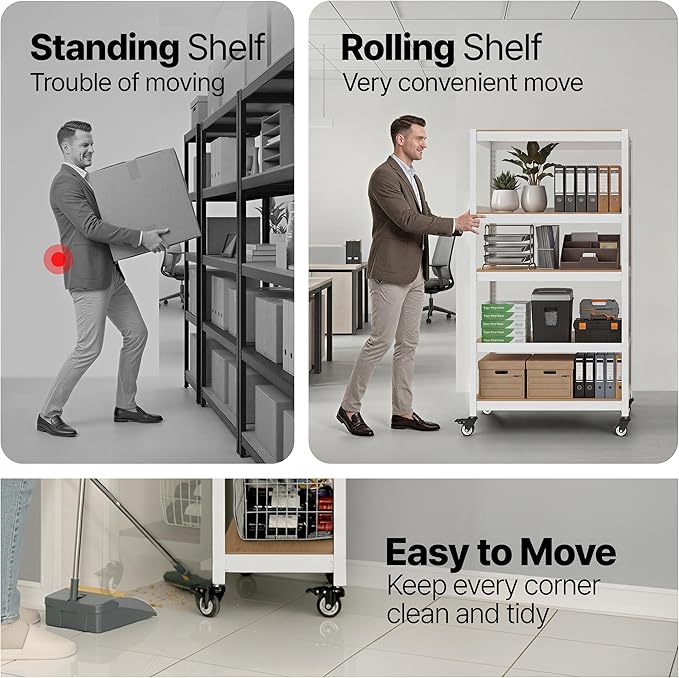 HOMEDANT House 48.1" 5-Tier Metal Rolling Cart Shelf Rack Casters Heavy Duty Laminated Wheel Shelving Unit Adjustable Utility Storage Shelves Shelf Kitchen Garage White 1Pack