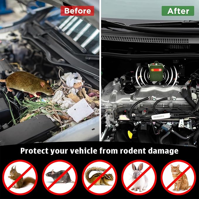 Battery Powered Rodent Repeller Ultrasonic Mouse Repellent for Car Engine Indoor Mice Rat Deterrent Squirrel Repeller for Attic Garage Home Vehicle Protection, 2 Pack