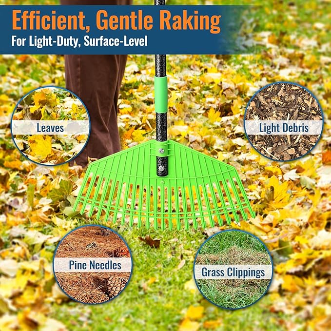 Ultra-Lightweight Leaf Rake, 16.5" Wide Head & 59" Comfort Grip Handle, Gentle Flexible Tines for Safe Use on Grass, Perfect for Yard Cleanup in Flower Beds and Narrow Areas