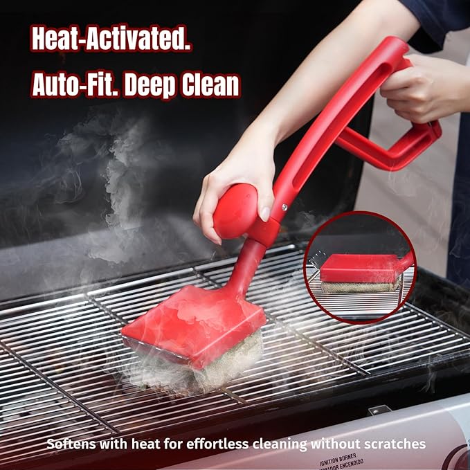 SHINESTAR Bristle-Free Griddle Cleaning Kit – BBQ Steam Grill Brush with 2 Replacement Heads & Scraper for Cast Iron & Stainless Steel Grates,Excellent Grill Tools, Red