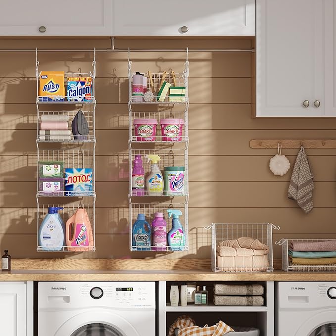 4-Tier Hanging Laundry Room Organizer: Foldable Wire Shelf Basket with 2 Large Hooks 1.65" & 360°Rotating Hooks – Space-Saving Laundry Storage Basket, for Wardrobe Closet Storage, White Patent