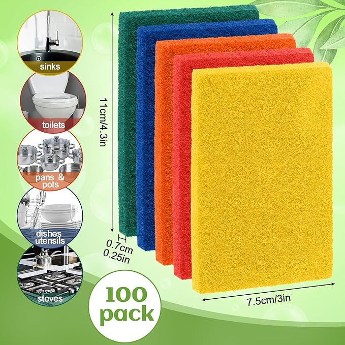 Hoolerry 100 Pcs Heavy Duty Scouring Pads Non Scratch Household Scrub Pads for Cleaning Reusable Pan Scrubber Anti Grease Scrubbing Pads for Dish Kitchen Metal Grills, 4.3 x 3 x 0.3 in (Multicolor)