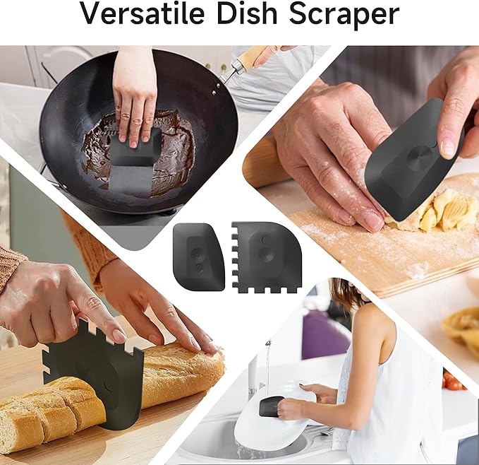 SUBEKYU Cast Iron Scrubber with Silicone Handle, Stainless Steel Skillet Cleaner for Cast Iron Pans (Yellow Scrubber + Scraper)