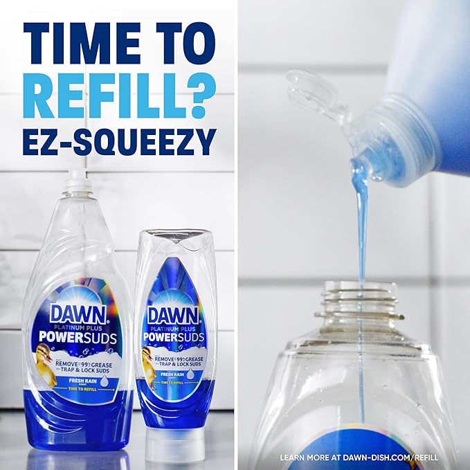 Dawn Platinum Plus PowerSuds EZ-Squeeze Dish Soap Liquid, Dishwashing Liquid, Grease Removal, Upside Down Bottle, Fresh Rain Scent, 2x17.4 Fl Oz Bundle