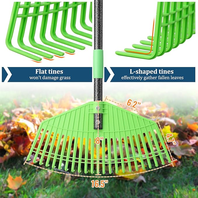 Ultra-Lightweight Leaf Rake, 16.5" Wide Head & 59" Comfort Grip Handle, Gentle Flexible Tines for Safe Use on Grass, Perfect for Yard Cleanup in Flower Beds and Narrow Areas