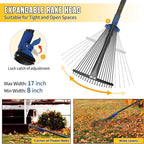 Adjustable Leaf Rake, Heavy Duty Metal Rake for Leaves, Long Handle 30"-75" with Expandable Head 8"-17", Collapsible Small Rakes for Lawns, Gardening, Yard, Camping, Shrub, Grass, Bush, Weed, Debris