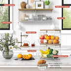 Goozii White Fruit Storage Basket for Kitchen Counter Set of 2, Wall Mount Wire Fruit Basket with Shelf with Banana Hanger, Hanging Countertop Organizer for Bathroom Pantry Cabinet, White + Natural