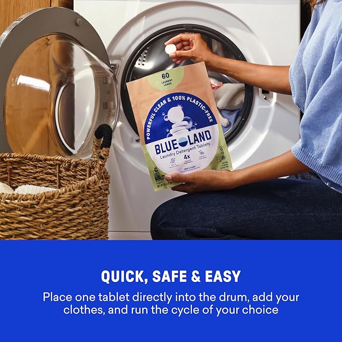 BLUELAND Laundry Detergent Tablets, 60 Count, Plastic-Free Eco-Friendly Pods, Sheets, Liquid Alternative - Fragrance Free and Clear, Natural, Gentle