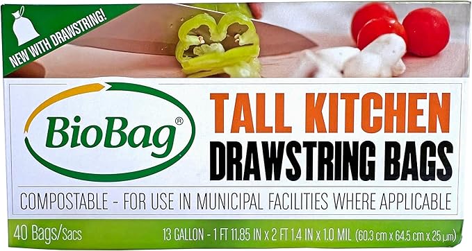13 Gallon Compostable Drawstring Trash Bags by BioBag, 40 Count, BPI Certified, Meets ASTM D6400 Standards, Easy-Tie Kitchen Liners