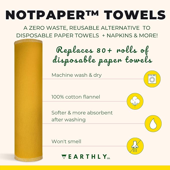 Reusable Paper Towels - 10 Pack - Roll of Washable Cotton Cloth Paper Towels - Paperless Reusable Napkins Cloth Washable - Absorbent + Long Lasting - Zero Waste Products - (Sunshine)
