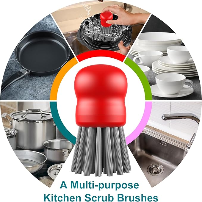 Mini Dish Brush for Cleaning Chicken Shredder, Palm Brush Dish Scrubber with Ergonomic Grip, Kitchen Brush for Washing Dishes, Pans, Pots, Sink (4, Red)