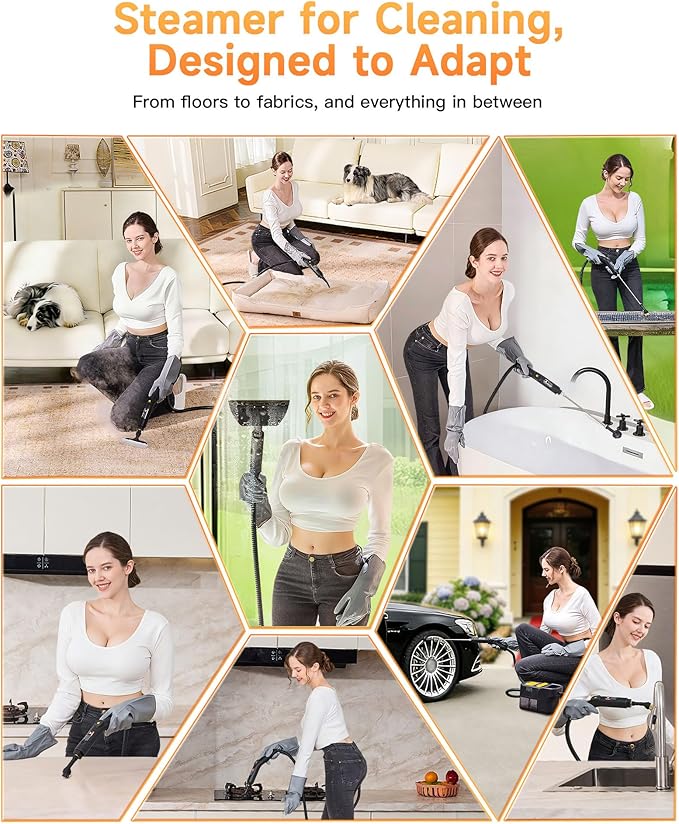 Gautye Steam Cleaner, 3 Level Adjustable Handle, 10s Heat Up, 2.11 Quarts Tank, Handheld Steam Cleaner with 18 pcs Accessories, Steam Cleaner for Home for Floor, Dirt, Grease, Grout, Tile, Car