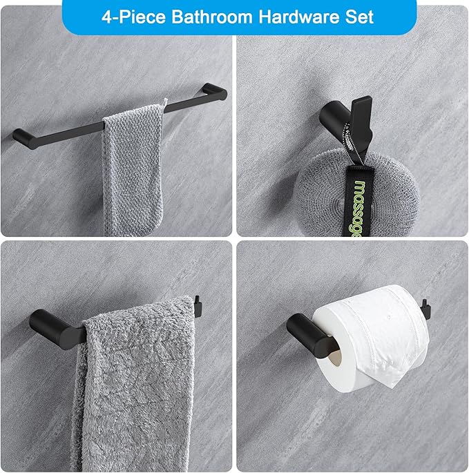 4-Pieces Bathroom Accessories Set, Matte Black Towel Bar Set Modern Stainless Steel Towel Rack Towel Hooks Toilet Paper Holder for Bathroom Wall Mounted, 16 Inch
