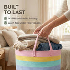 JMvicyroam 65L Extra Large Blanket Basket for Living Room - Woven Cotton Rope Laundry Hamper with Reinforced Handles - Storage Bin for Pillows, Comforters & Toys - Machine Washable,Rainbow
