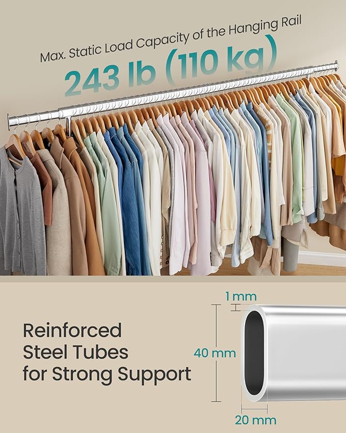 SONGMICS Clothes Rack with Wheels, Heavy-Duty Garment Rack with Extendable Hanging Rod, 243 lb Load Capacity, 17.7 x (63-78.7) x 64.1 Inches, Chrome-Plated, Silver UHSR176E01