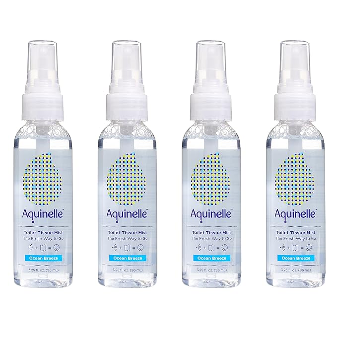 Aquinelle Toilet Tissue Mist Value Pack of 4 Convenient 3.25oz Bottles Non-Clogging Alternative to Flushable Wipes Simply Spray On ANY Folded Toilet Paper