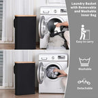 iEGrow 60L Slim Laundry Hamper, Narrow Laundry Basket with Lid,Foldable Clothes Hamper with Bamboo Handles,Hamper Basket with Removable Inner Bag for Laundry Room Bedroom College Dorm,Black
