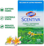 Clorox Scentiva Fabric Softening Dryer Sheets - Fabric Sheets in Fresh Brazilian Blossoms Scent - Laundry Dryer Sheets for Fresh & Clean Clothes - Fabric Softener Sheets, Dryer Sheet, 105 Count