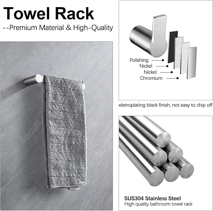 4-Pieces Bathroom Accessories Set, Towel Bar Set Modern Stainless Steel Towel Rack Towel Hooks Toilet Paper Holder for Bathroom Wall Mounted, Brushed Nickel 23 Inch