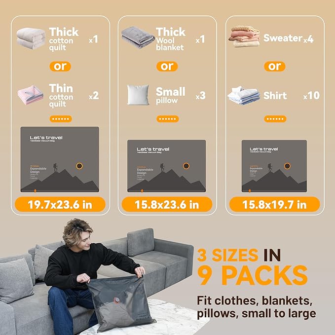 Travel Vacuum Bags for Clothing with Rechargeable Cordless Pump,Vacuum Storage Bags,9 Pack Vacuum Bags,Compression Packing for Clothes,Pillows,Comforters & Travel