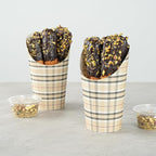 Restaurantware Bio Tek 16 Ounce French Fry Containers, 100 Disposable Charcuterie Cups - Incline Design, Round, Plaid Paper French Fry Cups, Stackable, For Waffles, Chips, or Popcorn