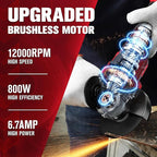 Cordless Angle Grinder 4-1/2 inch, 12000 RPM Brushless Metal Grinder Power Tools with 2x4.0Ah Battery, 3 Variable Speeds Angle Grinder with Auxiliary Handle for Cutting Grinding Polishing