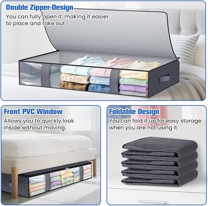 TasticTotes Under Bed Storage Containers, 8 Pack Blanket Storage Bags, Collapsible Storage Bags with Big Zippers, Clear Front, Shoe Storage and Organization for Clothes, Comforter, 90L, Grey