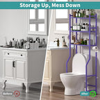 3-Tier Over The Toilet Storage Organizer, Space-Saving Bathroom Rack with Paper Holder & 4 Hooks, 64" Tall Freestanding Carbon Steel Shelf for Small Apartment Laundry Room (Purple)