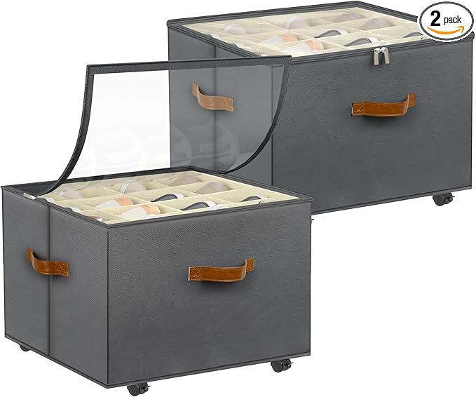 Foyego Shoe Organizer for Closet, 2 Pack Shoe Storage Organizer with Wheels and Adjustable Dividers, Stackable Shoe Storage Box with Clear Cover, Closet Shoe Organizer Fits up to 16-32 Pairs, Gray