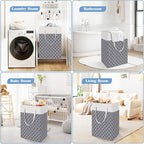BlissTotes 3-Pack Laundry Basket, Freestanding＆Waterproof Laundry Hamper, Collapsible Tall Clothes Hamper with Easy Carry Handles for Clothes, Towels in the Family and Dorm,Clover Grey,75L