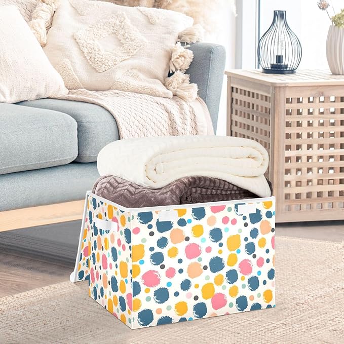 senya Large Storage Bins with Linen Collapsible Foldable Storage Cubes Fabric Closet Organizer Containers box with Flip-Top Lid for Home Bedroom Office 16.7 x 12.6 x 11.8in (Polka Dots)