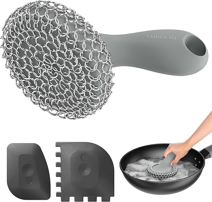 SUBEKYU Cast Iron Scrubber with Silicone Handle, Stainless Steel Skillet Cleaner for Cast Iron Pans (Gray Scrubber + Scraper)