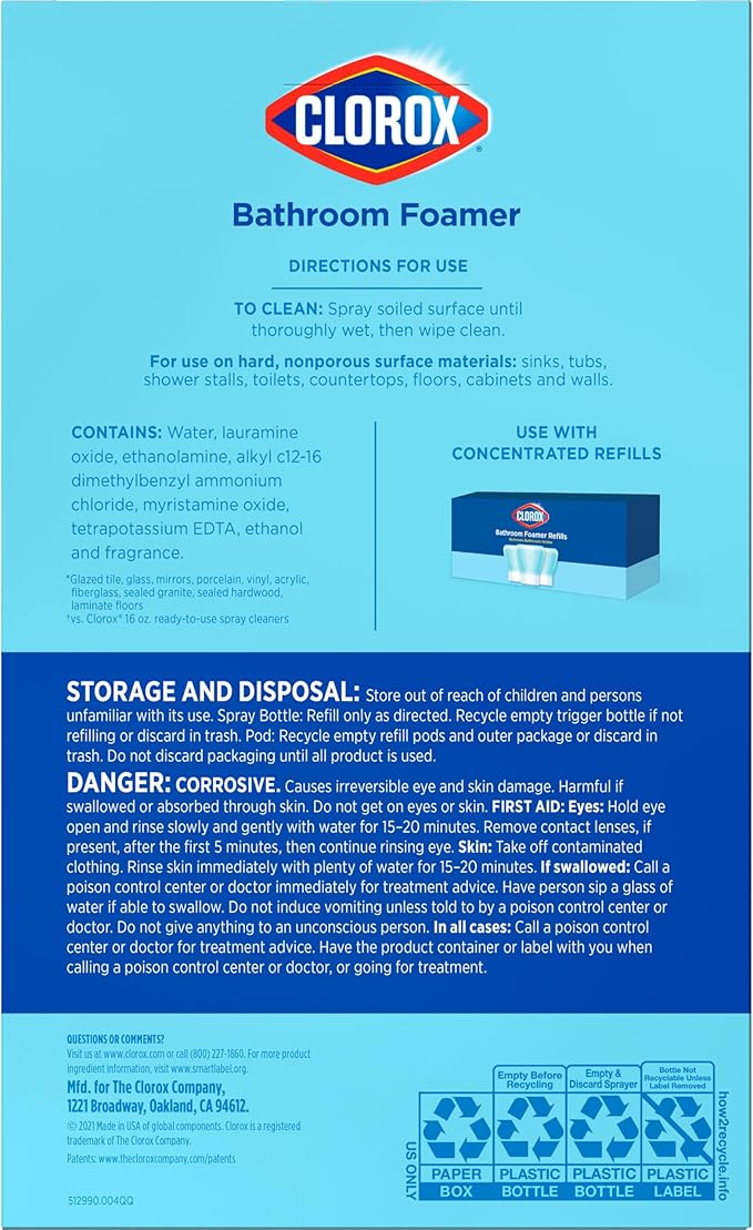 Clorox Bathroom Foamer Refillable Cleaner, Household Essentials, 1 Bottle and 3 Refill, Rain Clean, 1.13 Fl Oz