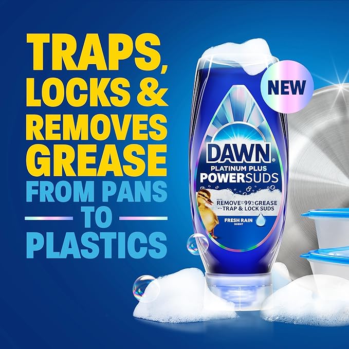 Dawn Platinum Plus PowerSuds EZ-Squeeze Dish Soap Liquid, Dishwashing Liquid, Grease Removal, Upside Down Bottle, Fresh Rain Scent, 2x17.4 Fl Oz Bundle